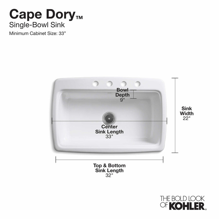 K586320,30,47 Kohler Cape Dory® 33" L x 22" W x 95/8" TopMount